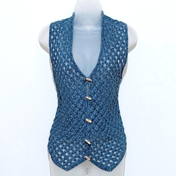 Vintage | Speed Limit MPH | Denim Vest | Tie Back | Wooden Button Closures - Picture 2 of 5